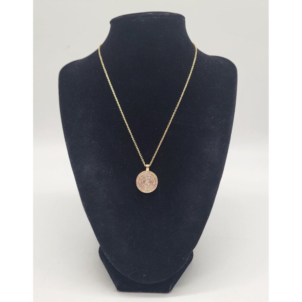 Gold Tone Medallion Pendant Necklace Spiral Circle with Rhinestones Minimalist C - Picture 2 of 10